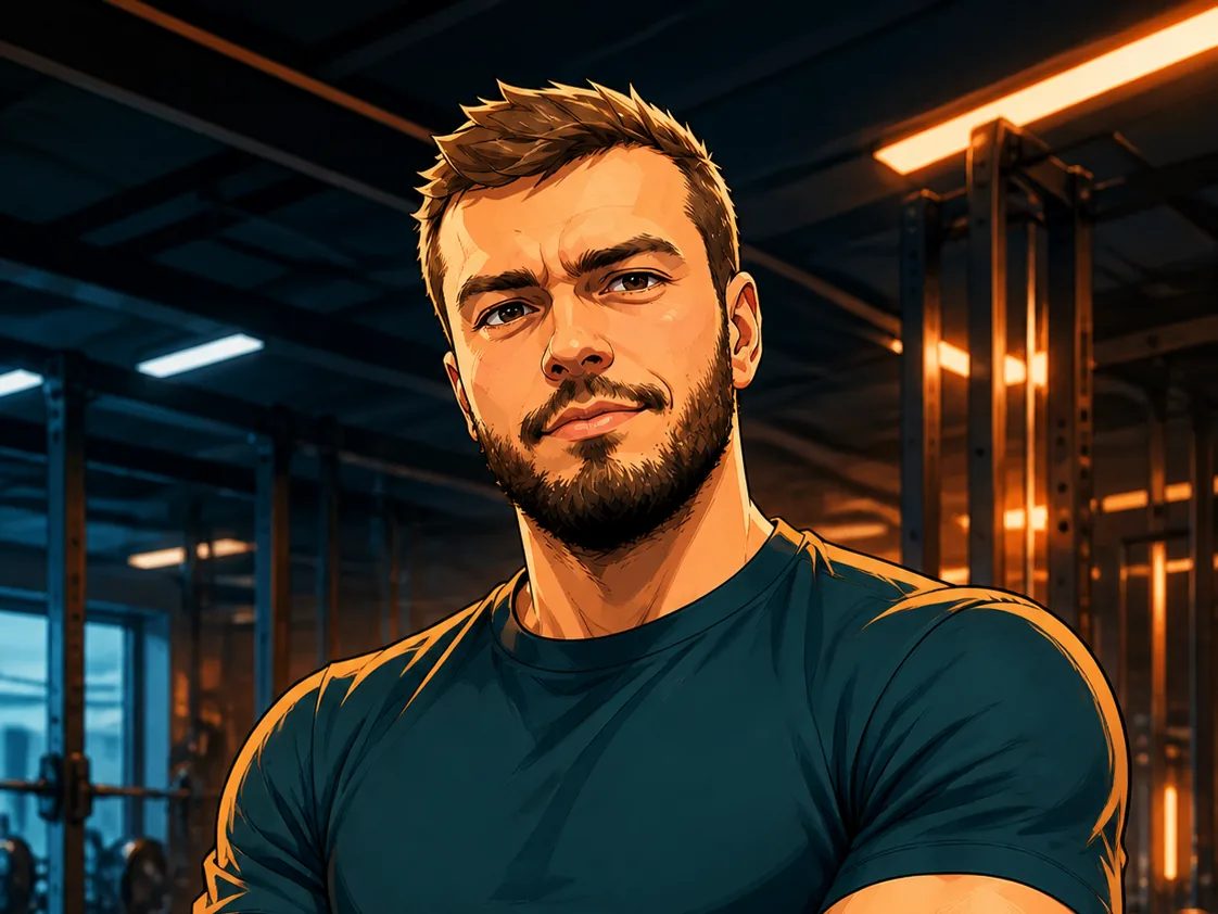 Андрей Торбин спокойно и уверенно стоит в зале, стиль anime personal brand
